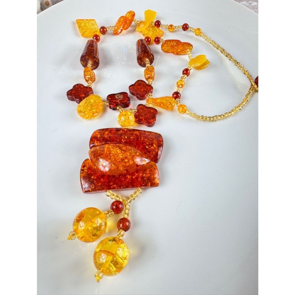 Vintage Amber Lucite Beads Statement Necklace